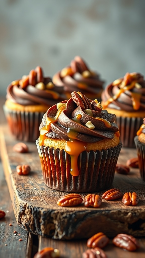 Delicious Caramel Turtle Cupcakes topped with chocolate frosting and pecans