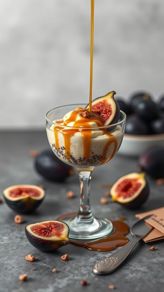 A glass of caramelized fig chia pudding topped with caramel sauce