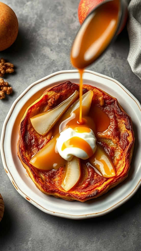 A delicious caramelized pear and walnut Dutch baby pancake topped with whipped cream and caramel sauce.