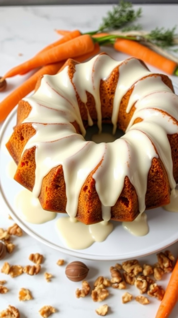 Carrot Bundt Cake with a cream cheese drizzle garnished with walnuts