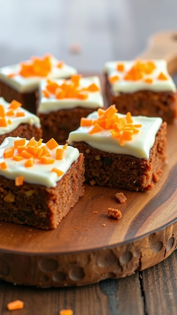 A delicious-looking carrot cake brownie topped with cream cheese frosting and decorated with carrot sprinkles.