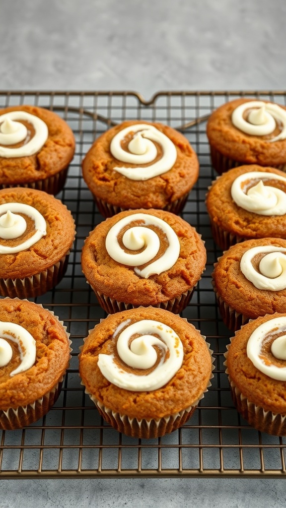 Delicious carrot cake muffins with cream cheese swirl topping on a cooling rack.