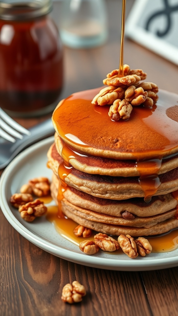 A plate of fluffy carrot cake pancakes topped with syrup and walnuts, served for breakfast.