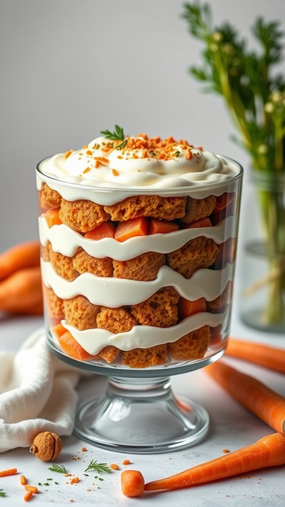 A delicious carrot cake trifle with layers of carrot cake, cream cheese frosting, and decorative toppings.
