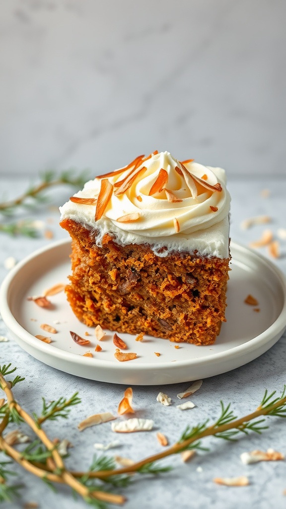 Slice of carrot cake with coconut cream frosting, garnished with coconut flakes.