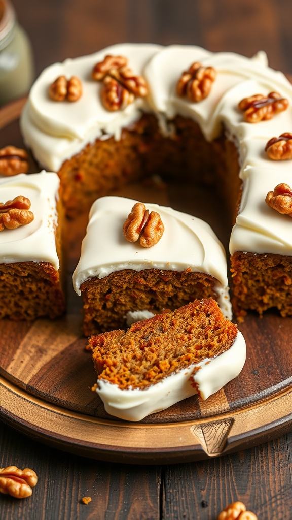 A beautifully frosted carrot cake with cream cheese frosting and walnut toppings.