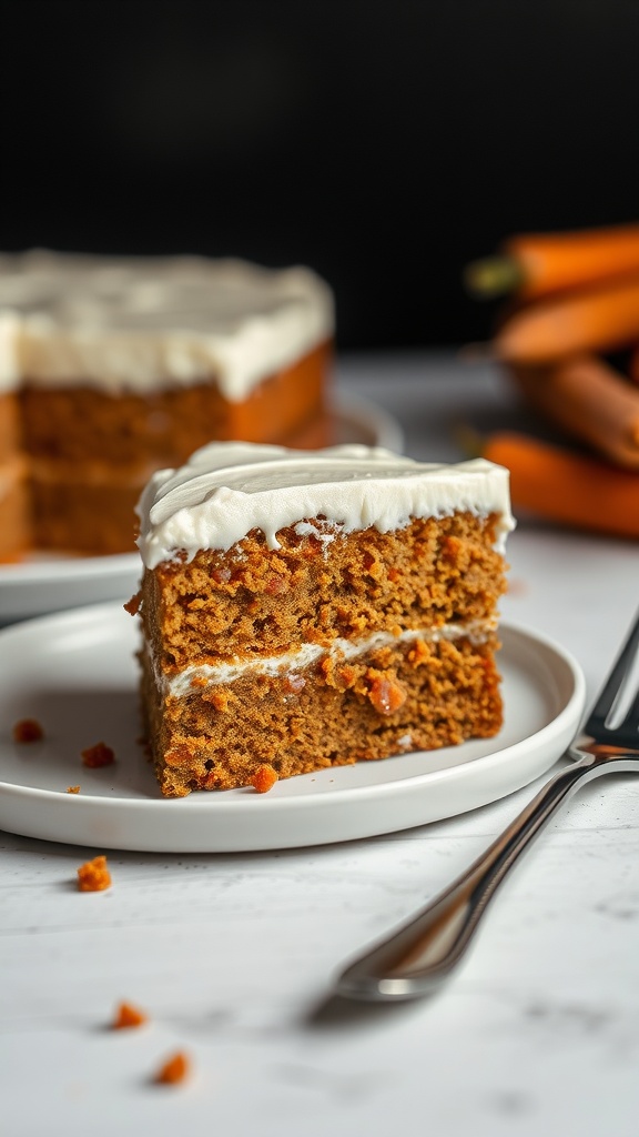 A slice of moist carrot cake with cream cheese frosting on a plate.