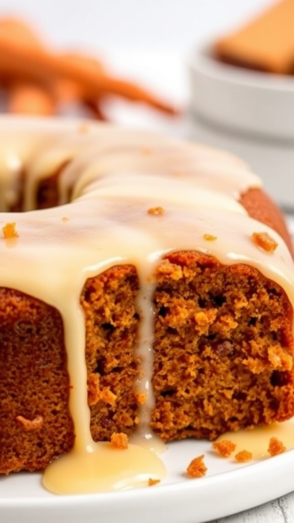 A beautifully decorated carrot cake with maple icing, garnished with autumn leaves.