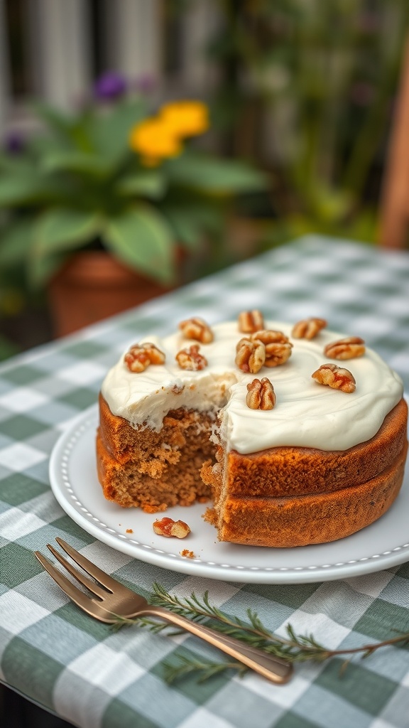 A delicious carrot walnut cake with cream cheese frosting and walnut toppings on a decorative plate.