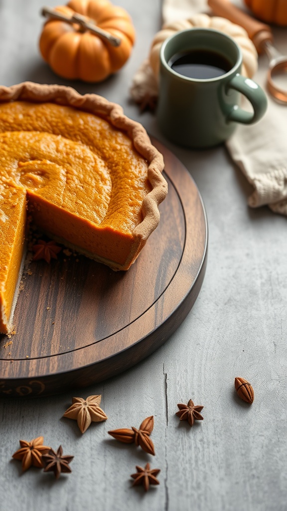 Chai-Spiced Pumpkin Pie on a wooden serving board with decorative spices.
