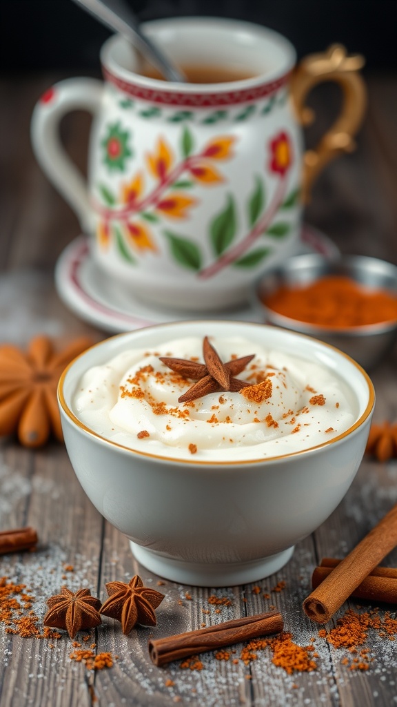 A bowl of chai-spiced rice pudding garnished with cinnamon and star anise.