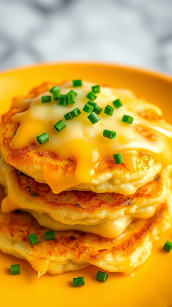 Cheesy potato pancakes topped with chives on a yellow plate