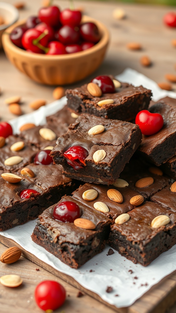 A stack of Cherry Almond Brownies topped with cherries and almonds.