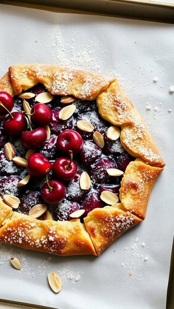 A delicious Cherry Almond Galette with fresh cherries and almond slices on top.