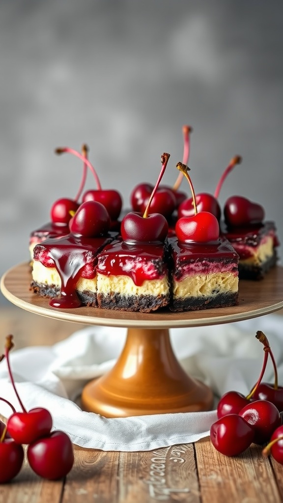 Delicious cherry cheesecake brownies topped with cherries.