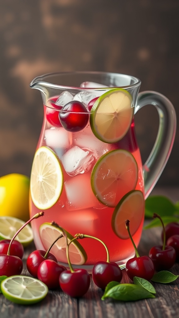 A refreshing pitcher of Cherry Limeade with cherries and lime slices.