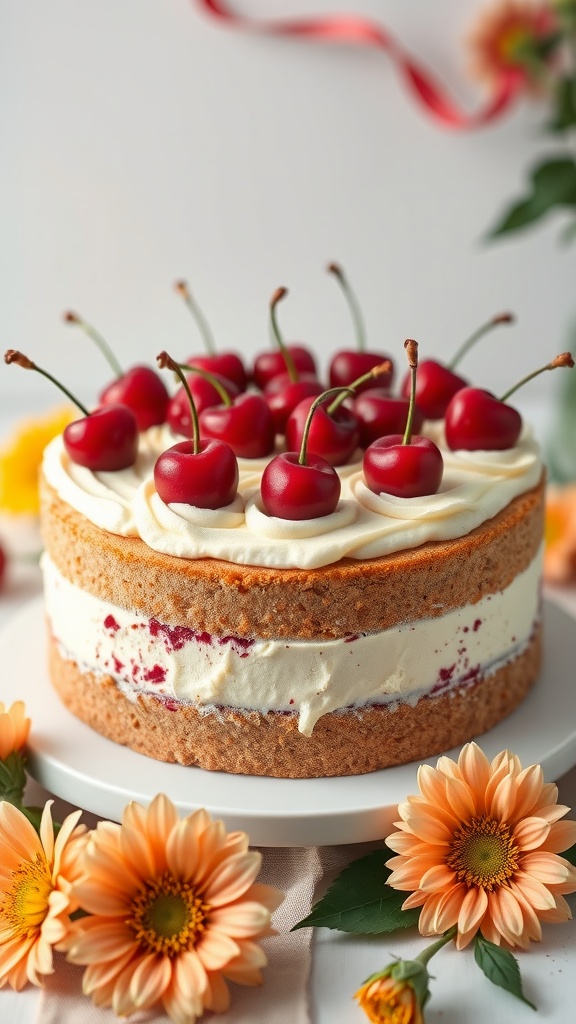 A beautiful cherry vanilla cake topped with fresh cherries and surrounded by flowers.