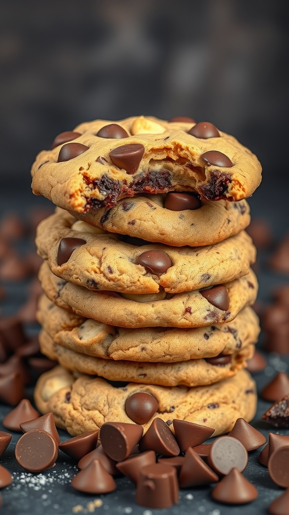 Stacks of chewy peanut butter chocolate chip cookies