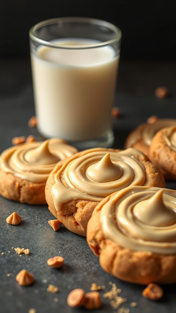 Chewy peanut butter swirl cookies with creamy frosting and a glass of milk