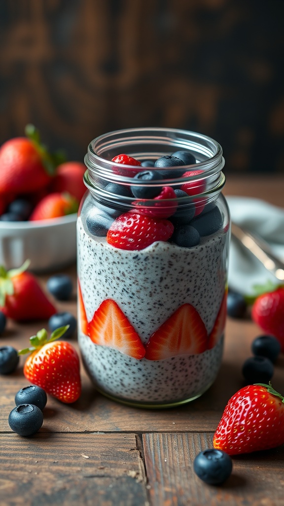 A jar of chia seed pudding topped with strawberries and blueberries, with fresh berries scattered around.