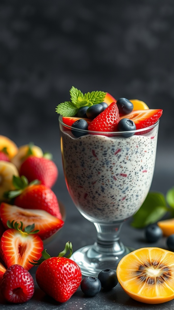 Chia seed pudding topped with fresh fruits and mint leaves