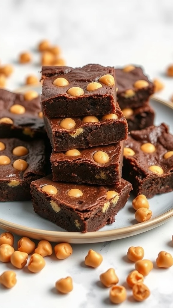 Delicious chickpea brownies stacked on a plate with chocolate chips
