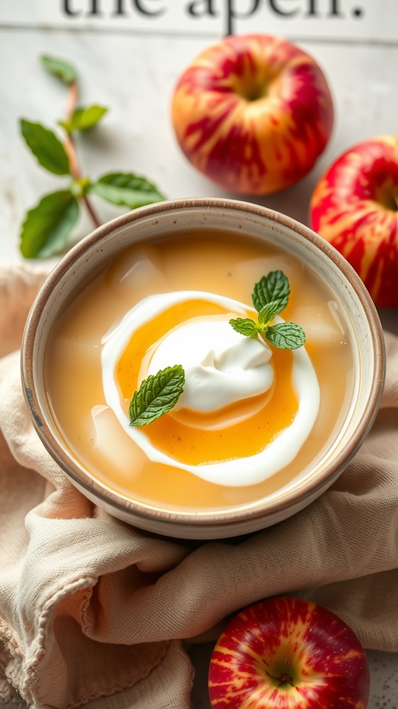 Chilled apple soup topped with vanilla yogurt and mint leaves