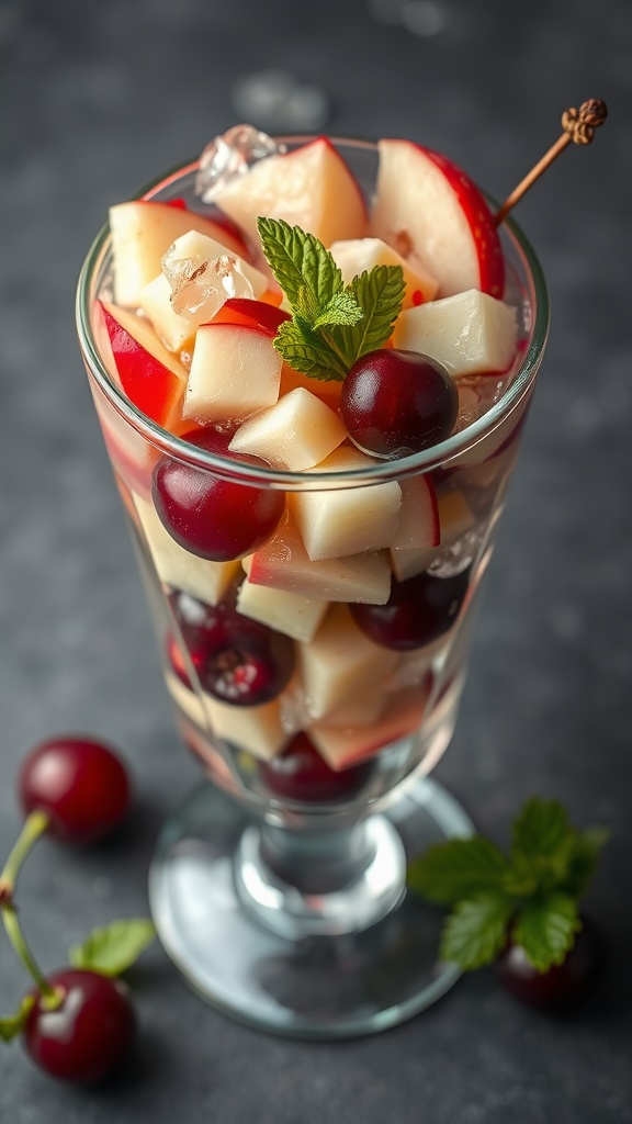 A refreshing chilled cherry and apple fruit salad in a glass with mint garnish