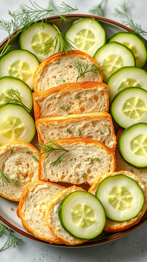 Slices of chilled cucumber and dill bread on a plate with cucumber slices.