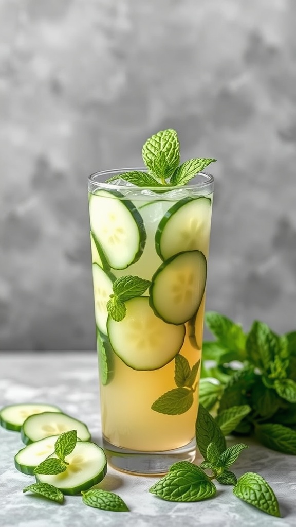 A refreshing glass of cucumber mint sangria with cucumber slices and mint leaves.