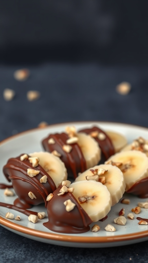 A plate of chocolate-dipped banana bites topped with nuts.