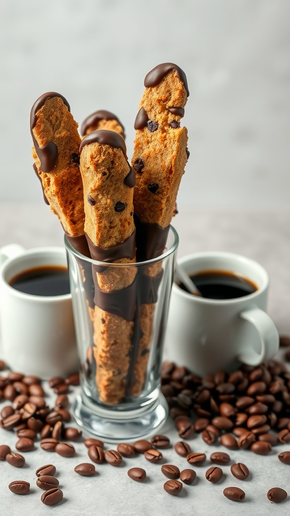 Chocolate-dipped biscotti arranged in a glass with coffee cups in the background.