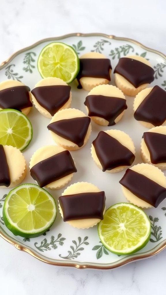 Chocolate-Dipped Key Lime Pie Bites on a decorative plate with lime slices