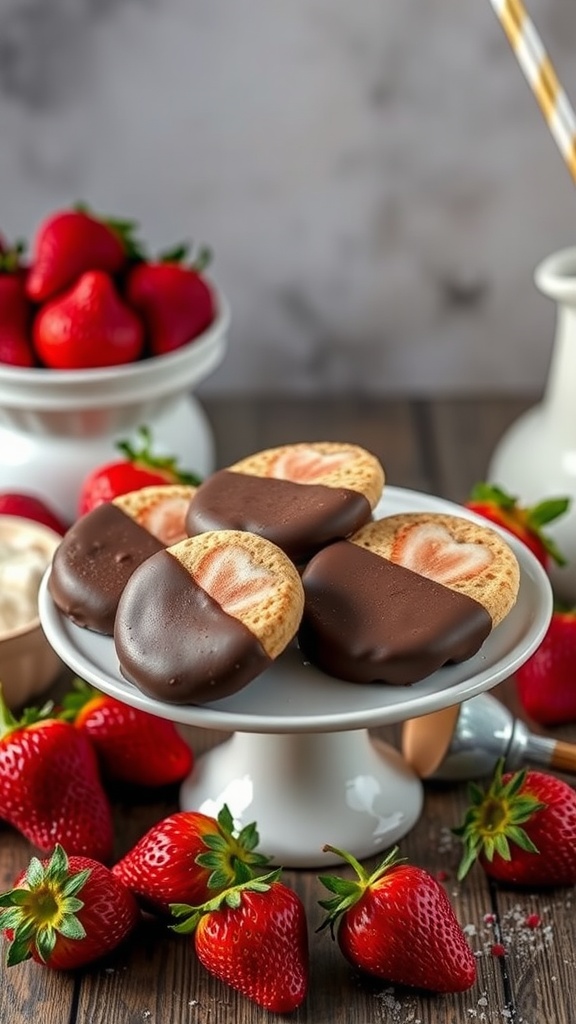 Delicious chocolate-dipped strawberry cookies on a white cake stand with fresh strawberries around them.