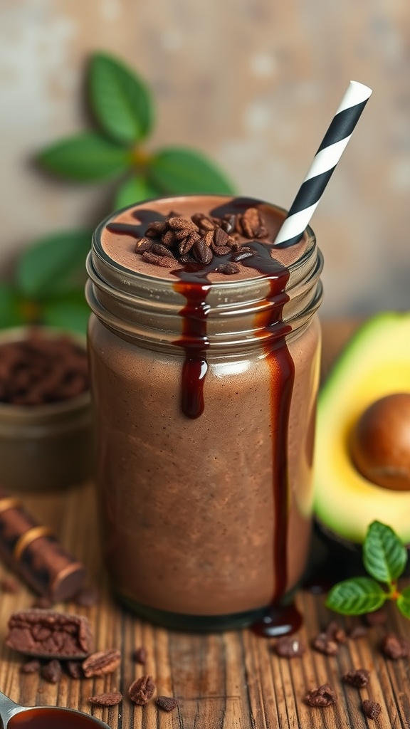 A glass of chocolate avocado smoothie topped with chocolate syrup and coffee beans.