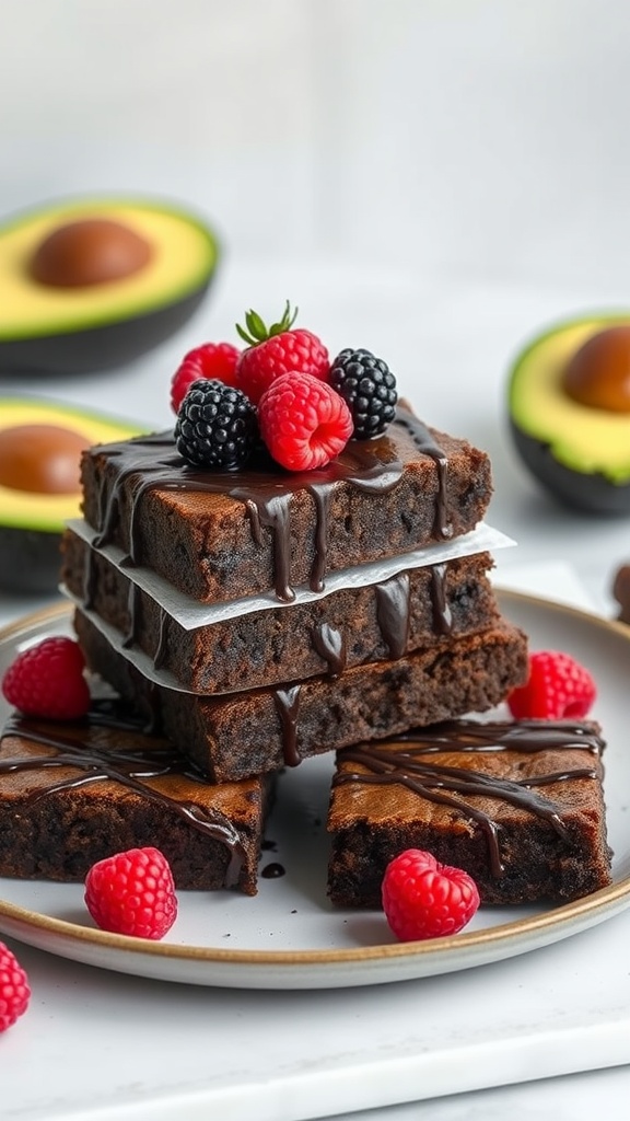 Delicious chocolate avocado brownies stacked and garnished with fresh berries.
