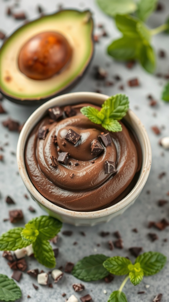 A bowl of chocolate avocado mousse topped with mint leaves and chocolate shavings, with a halved avocado in the background.
