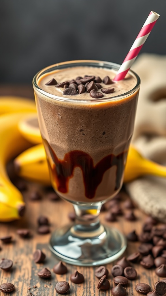 A delicious chocolate banana smoothie in a glass with a straw and a banana beside it.