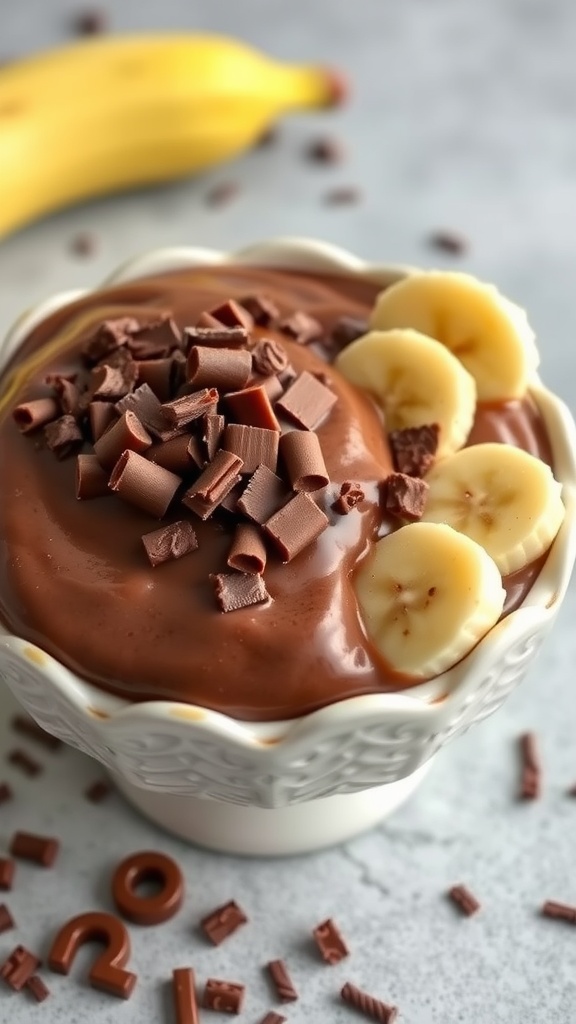 Chocolate Banana Pudding Delight in a bowl with banana slices and chocolate shavings on top.