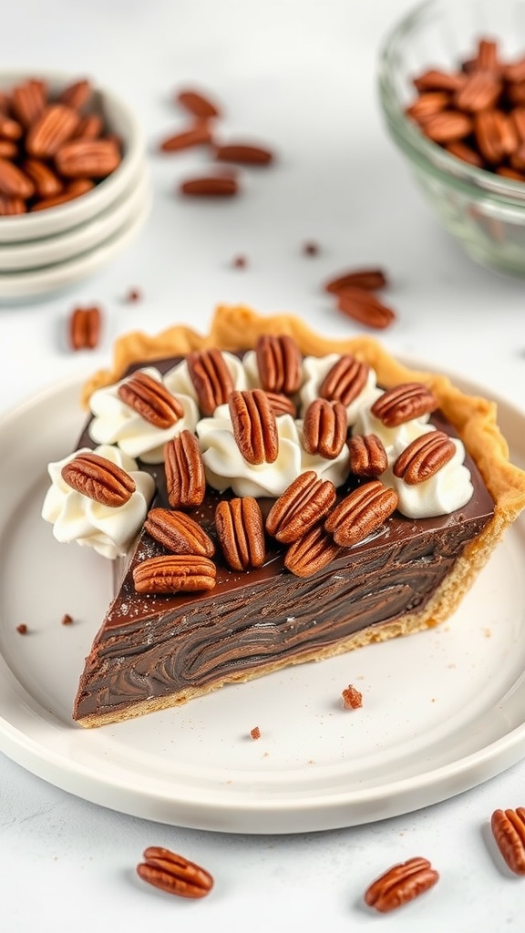 A delicious chocolate bourbon pecan pie topped with pecans and chocolate shavings.