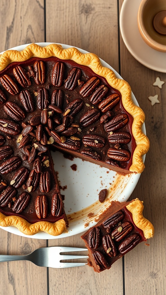 A slice of chocolate bourbon pecan pie with a flaky crust and pecans on top.