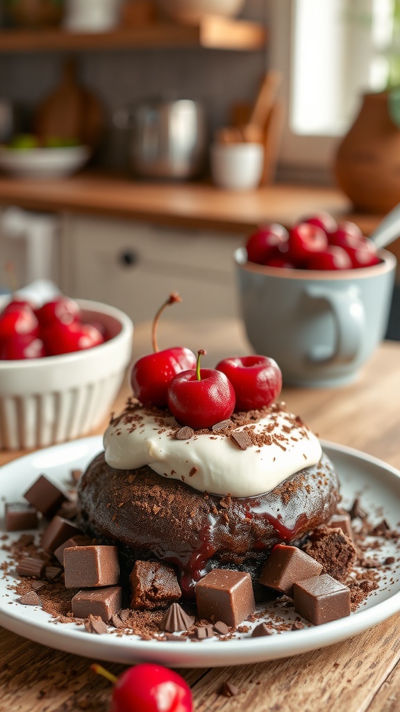 A sumptuous chocolate cherry cake topped with whipped cream and fresh cherries.