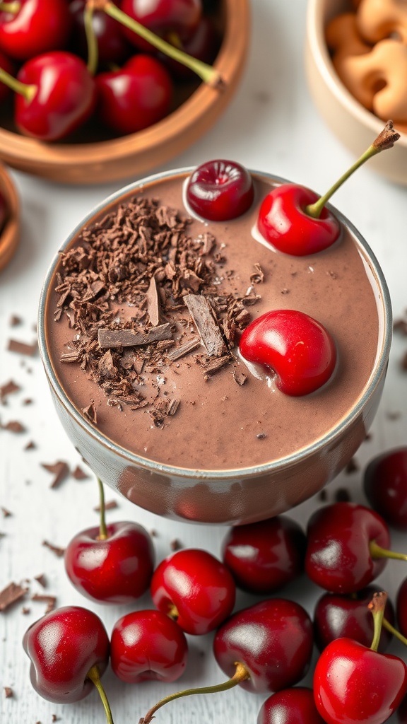 A refreshing chocolate cherry smoothie in a bowl, topped with cherries and chocolate shavings.