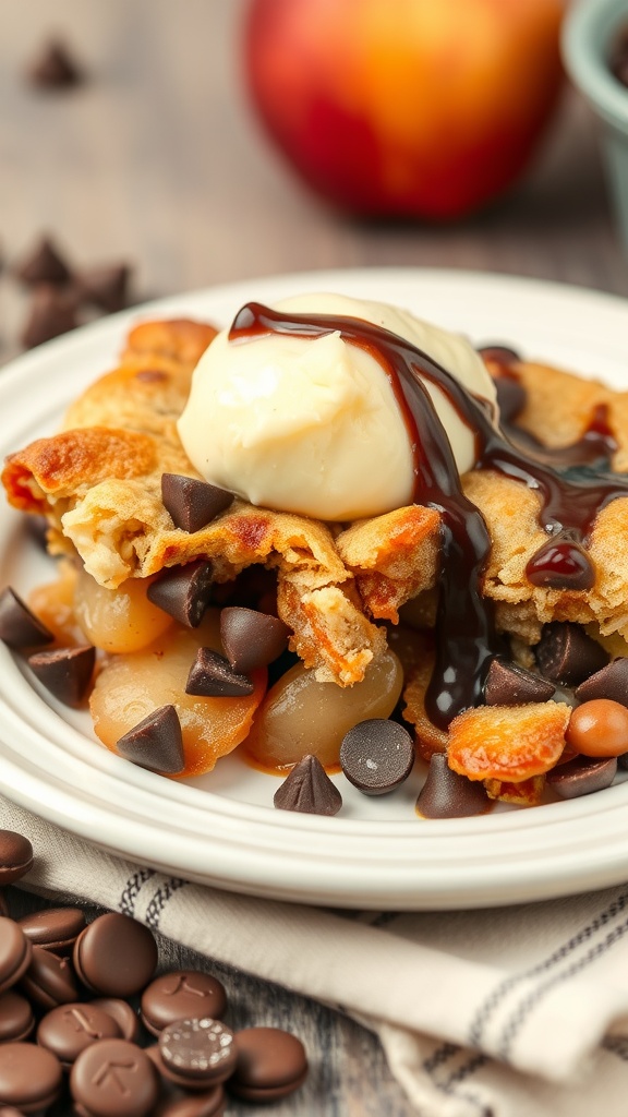 A delicious serving of chocolate chip apple cobbler with a scoop of ice cream on top.