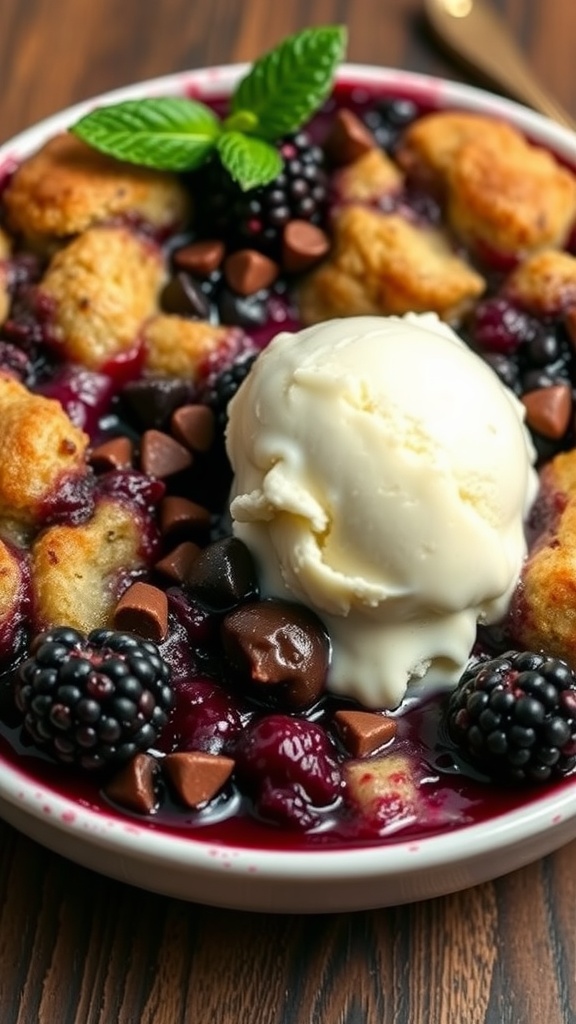 Delicious Chocolate Chip Blackberry Cobbler topped with vanilla ice cream and mint leaves
