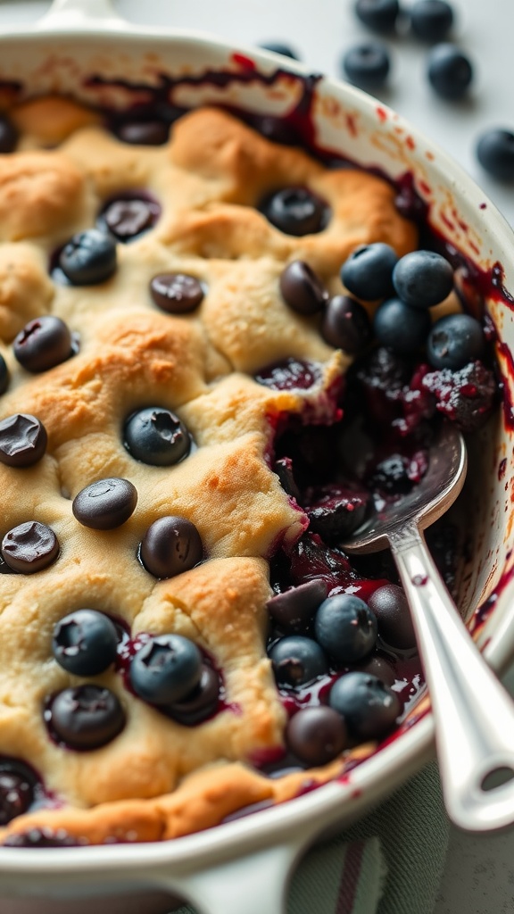 A delicious chocolate chip blueberry cobbler with fresh blueberries