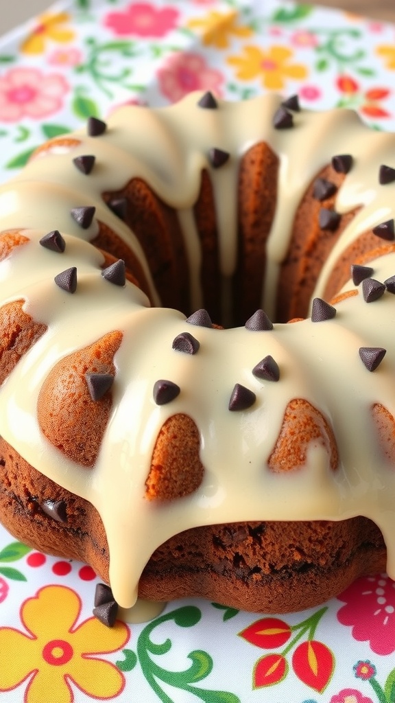 A beautifully glazed chocolate chip Bundt cake topped with mini chocolate chips.