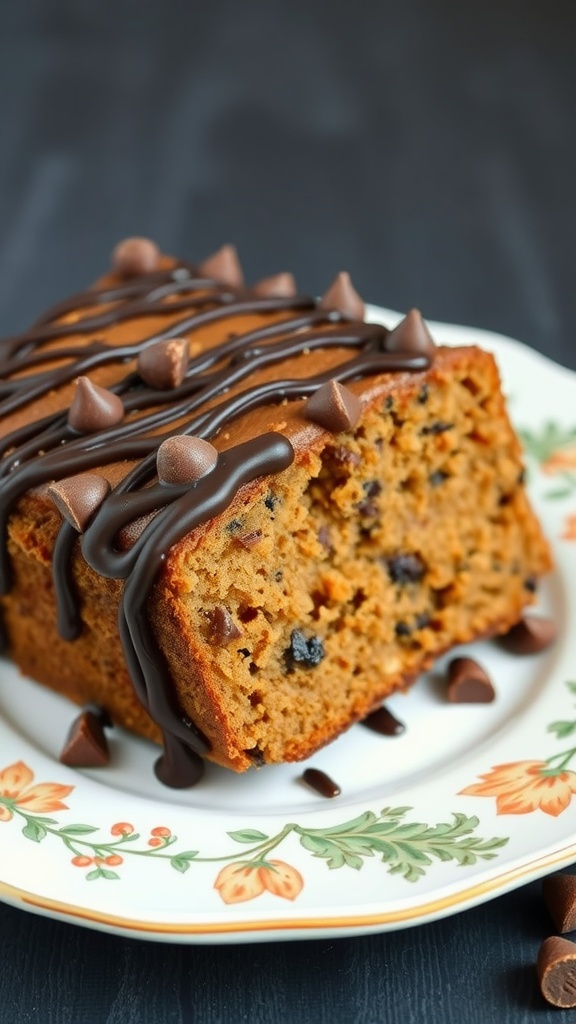 A slice of Chocolate Chip Carrot Cake drizzled with chocolate.