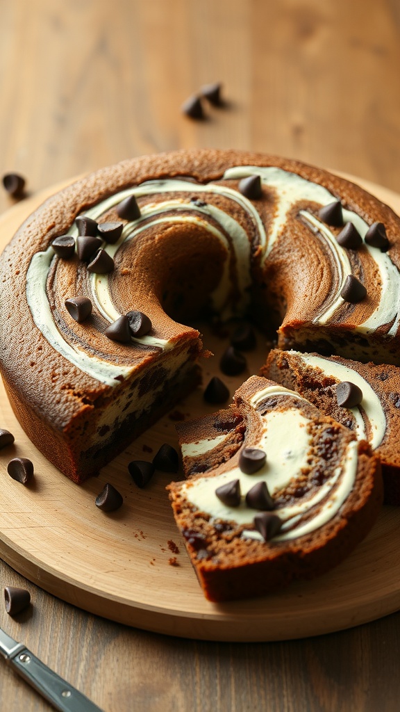 Delicious chocolate chip coffee cake with cream cheese swirl