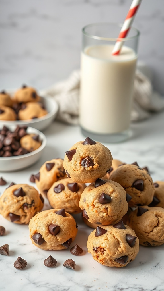 Delicious gluten-free chocolate chip cookie dough bites stacked with chocolate chips scattered around.